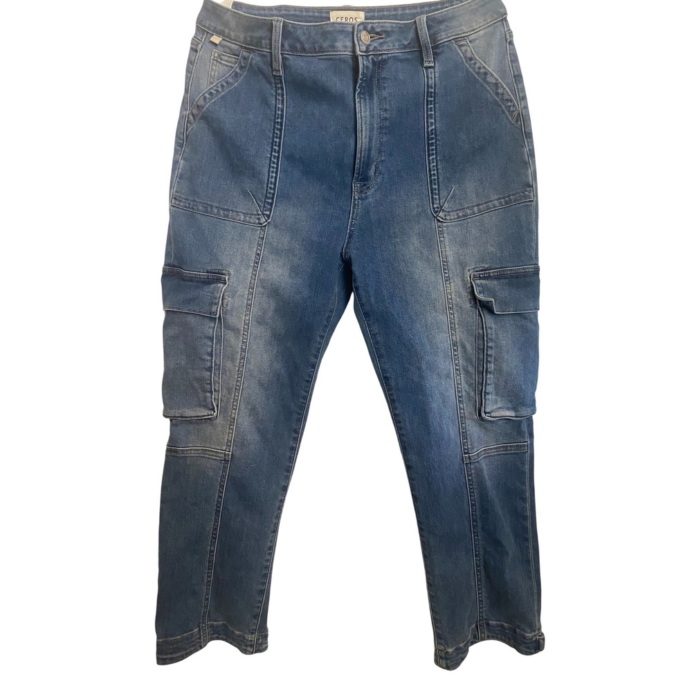 Ceros Cargo Utility Stretch Denim Comfort‎ Blue Jean Pants Womans 32X26
